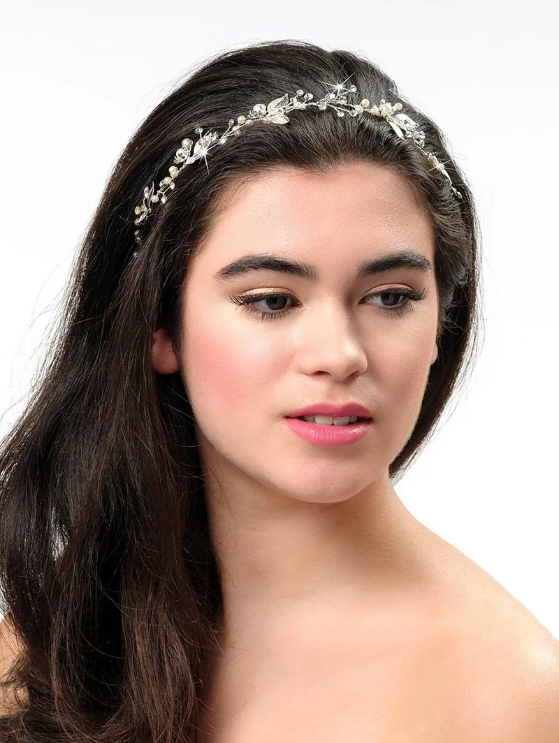 Bijou de tête, feuilles argentées et cristaux, accessoire de mariée, L'Écrin Blanc