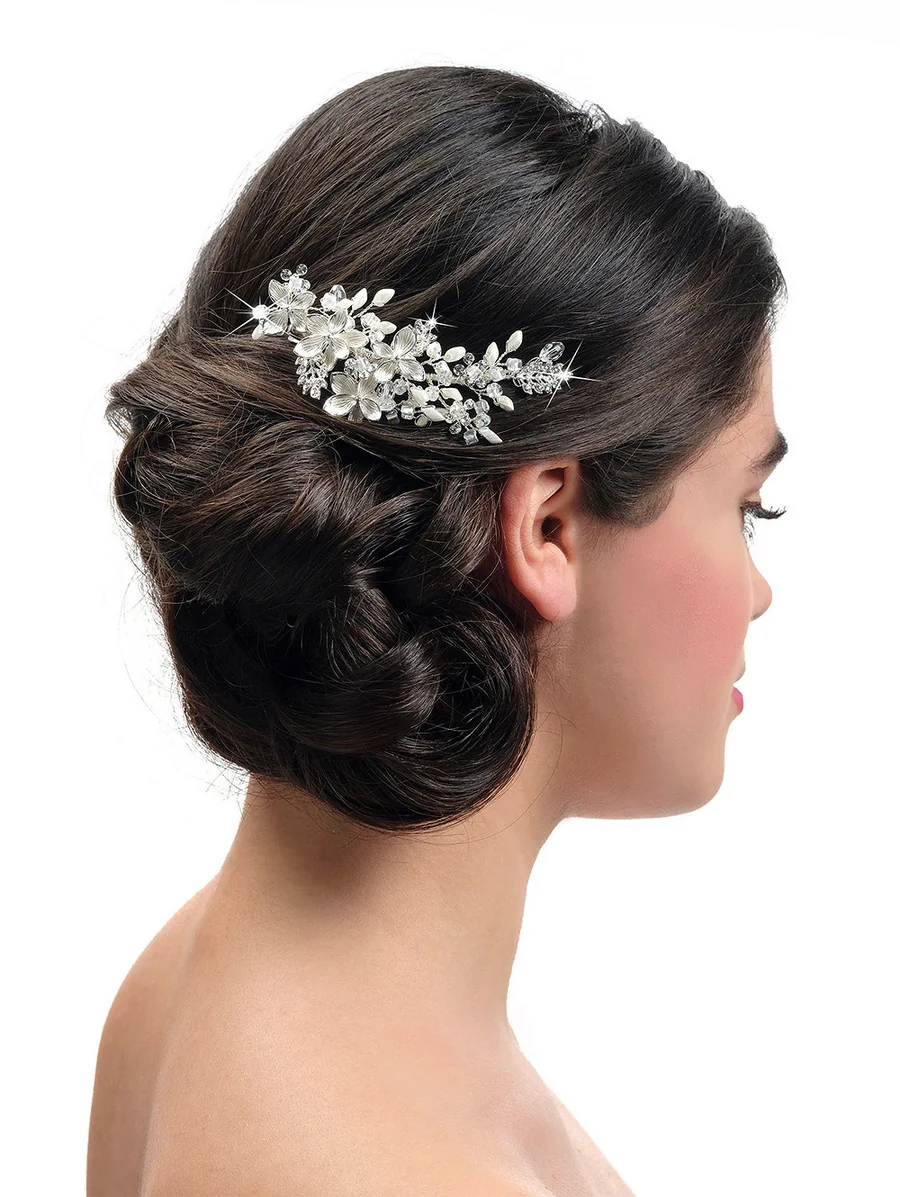 Peigne fleuri, argent et cristaux, accessoire de mariée, L'Écrin Blanc