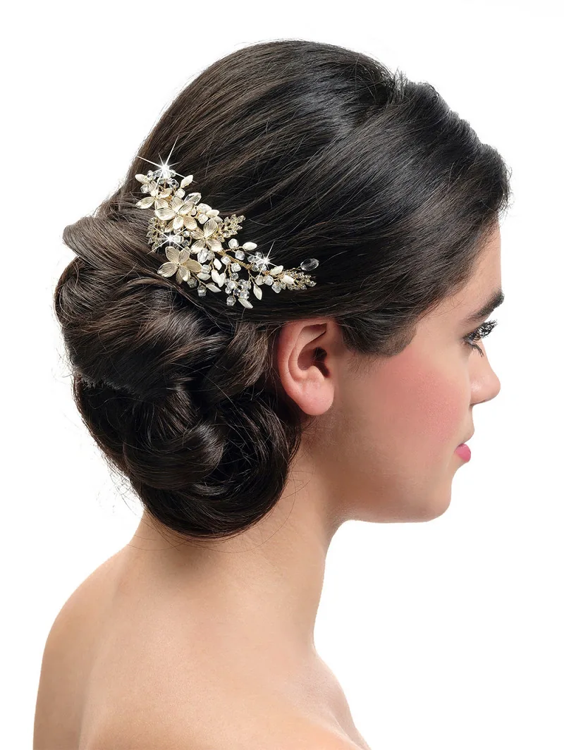 Peigne fleuri, or et cristaux, accessoire de mariée, L'Écrin Blanc
