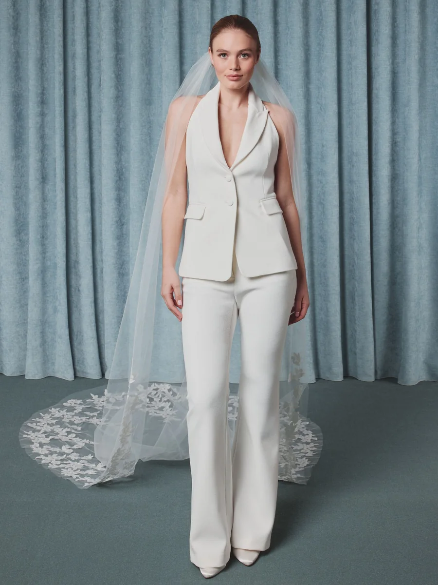 Voile Cut edge ivoire, orné de dentelles à fleurs avec paillettes en 300 cm, accessoire de mariée, L'Écrin Blanc