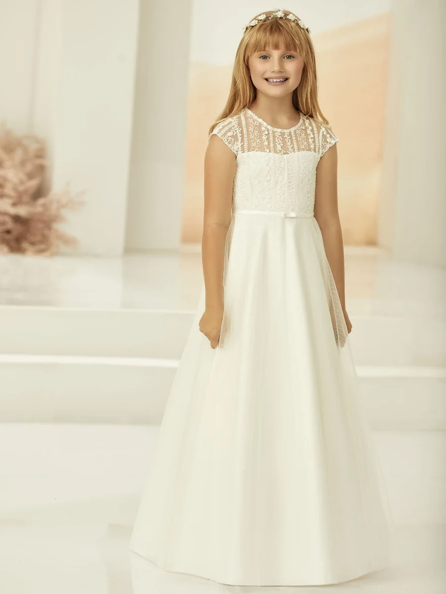 Robe longue, dentelle à manches courtes, tenue de cortège, L'Écrin Blanc